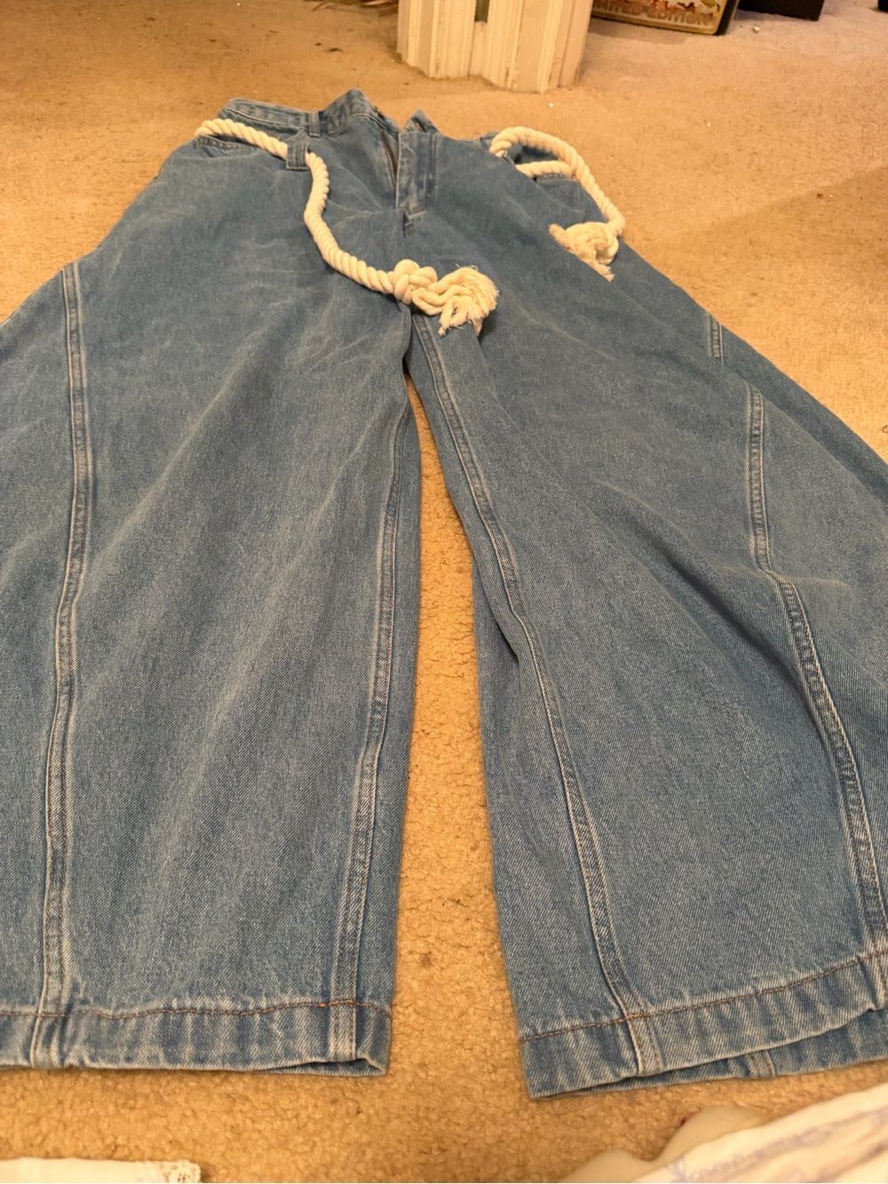 AelfricEden Wide Leg Light Wash Denim Pants with Rope Belt